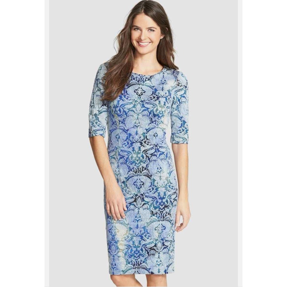 Betsey Johnson Sheath Dress Sz 10 Stretch Damask Midi Blue‎ Half Sleeve Rear Zip